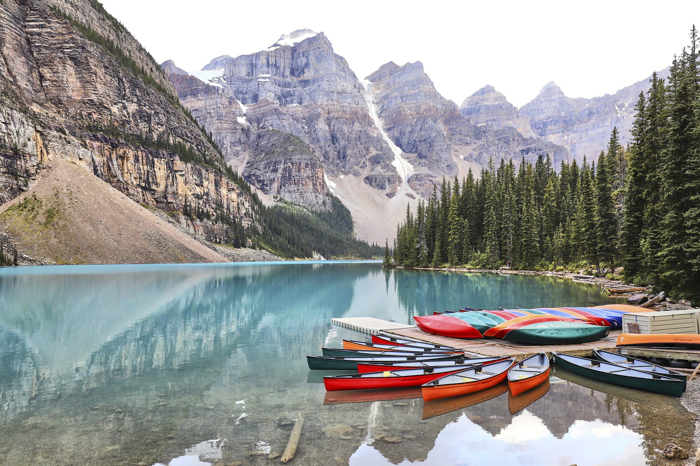 Colorful canoes at Moraine Lake